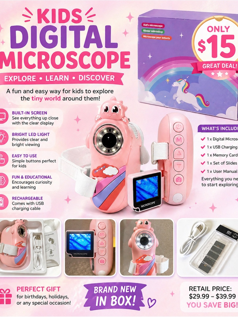 Kids Digital Microscope - Pink Unicorn Design